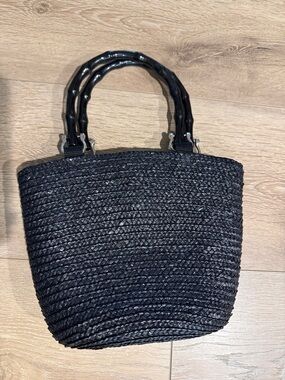 St. John's Bay Black Woven Tote with Bamboo-Style Handles